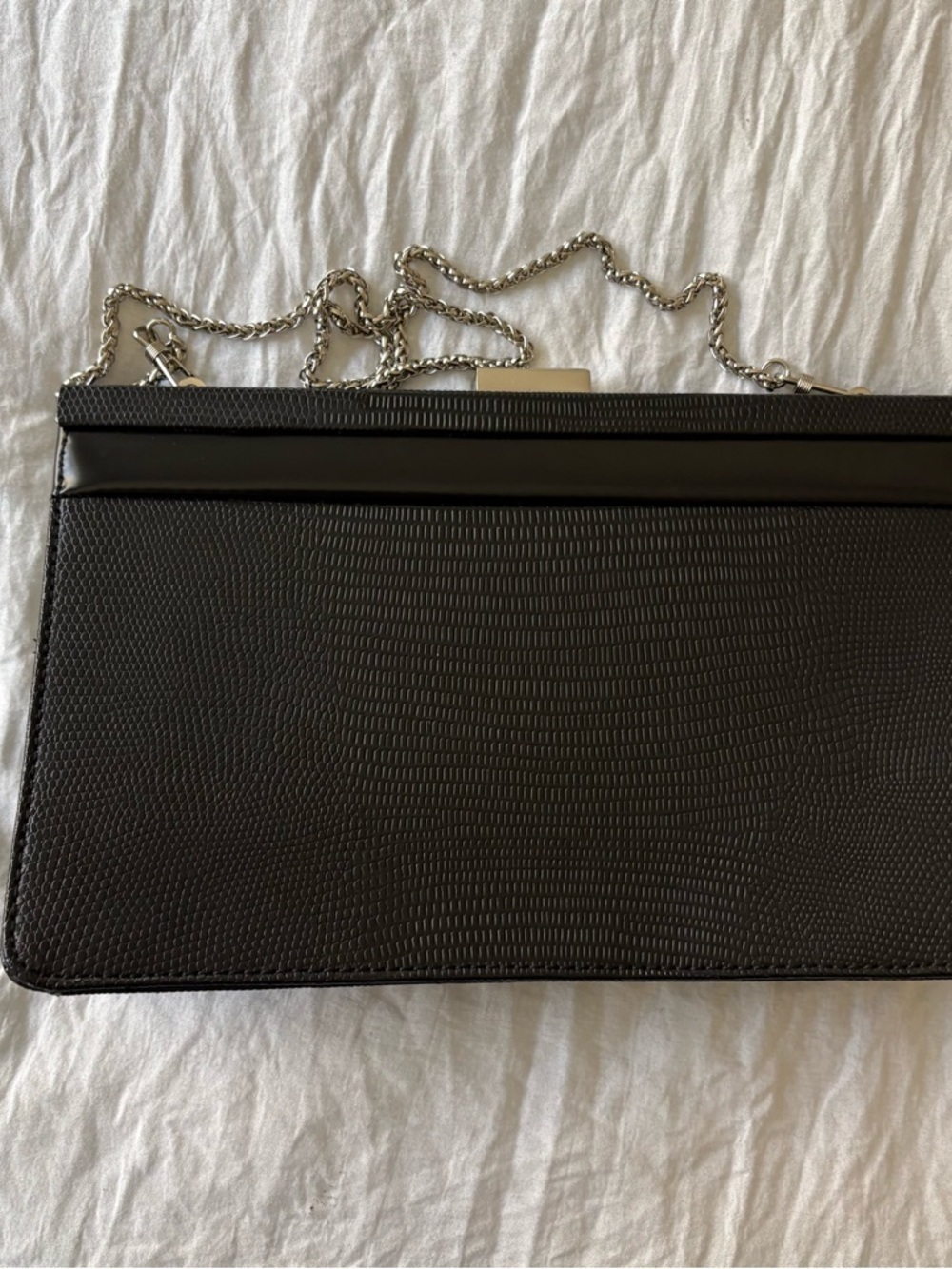 Vintage Black Textured Faux Leather Crossbody Clutch with Silver Chain - Picture 2 of 6